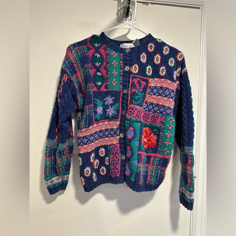 VTG Robert Scott Hand Knit Linen Cotton Bright Colorful Boho Cardigan Sweater